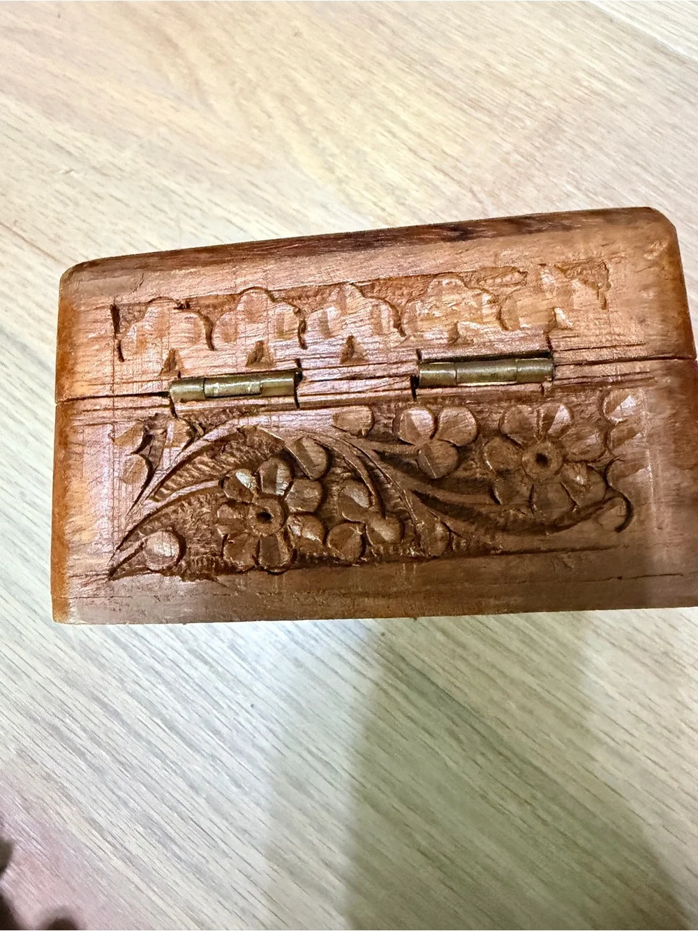 Vintage Carved Wooden Trinket Box with White Inlay